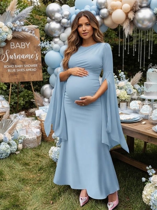 Vestido Premamá Maxi Azul de Tul con Abertura en Mangas y Falda Amplia