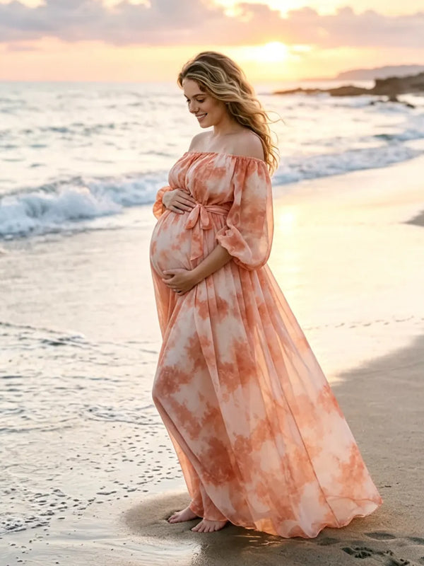 Vestido Premamá Estampado Elegante con Hombros Descubiertos y Lazada