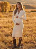 Vestido Premamá Midi de Crochet con Cuello y Botones