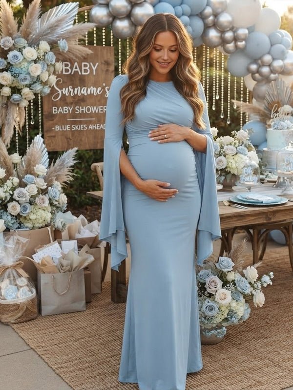Vestido Premamá Maxi Azul de Tul con Abertura en Mangas y Falda Amplia