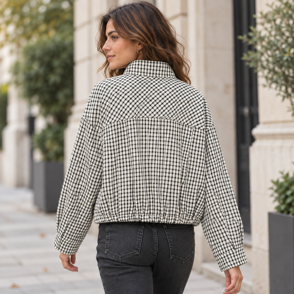 Chaqueta Bomber de Cuadros para Mujer | Oversize Crop de Manga Larga