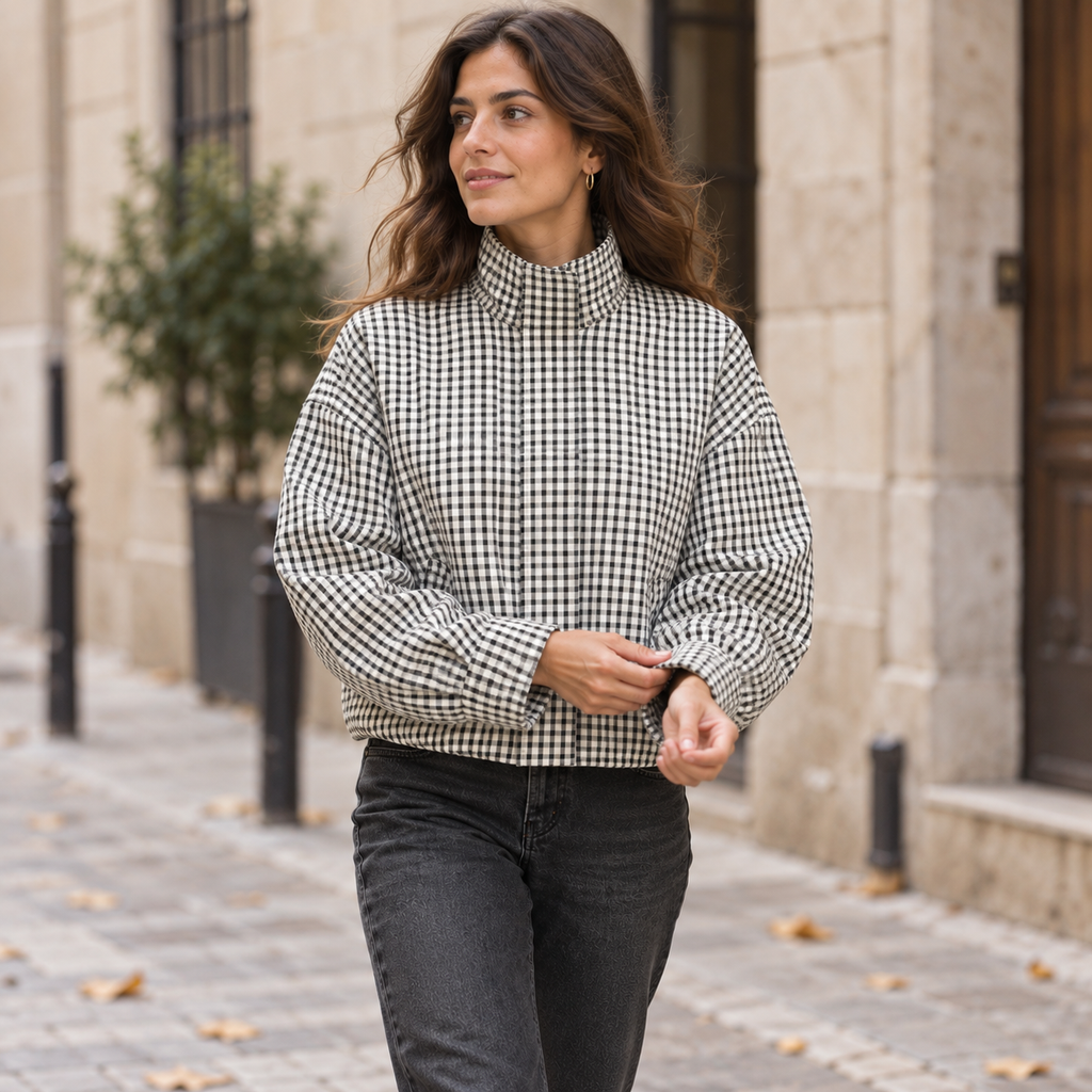 Chaqueta Bomber de Cuadros para Mujer | Oversize Crop de Manga Larga