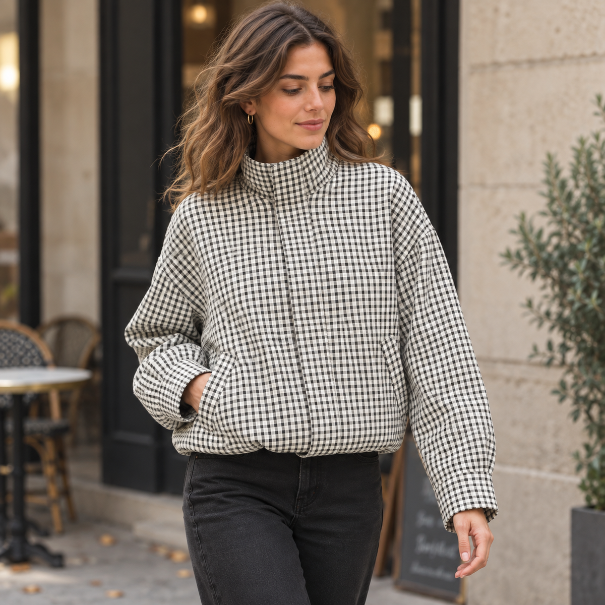Chaqueta Bomber de Cuadros para Mujer | Oversize Crop de Manga Larga