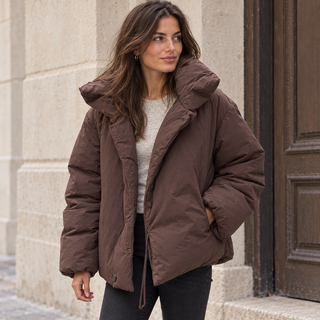 Chaqueta Acolchada Corta Marrón para Mujer | Chaquetón Cuello Alto con Cordón