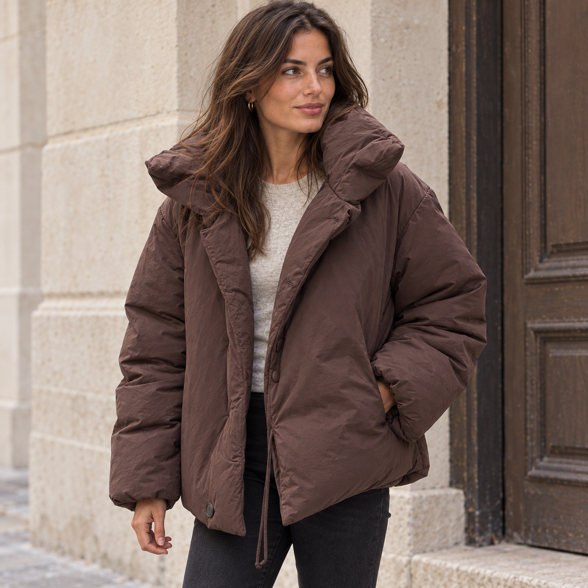 Chaqueta Acolchada Corta Marrón para Mujer | Chaquetón Cuello Alto con Cordón