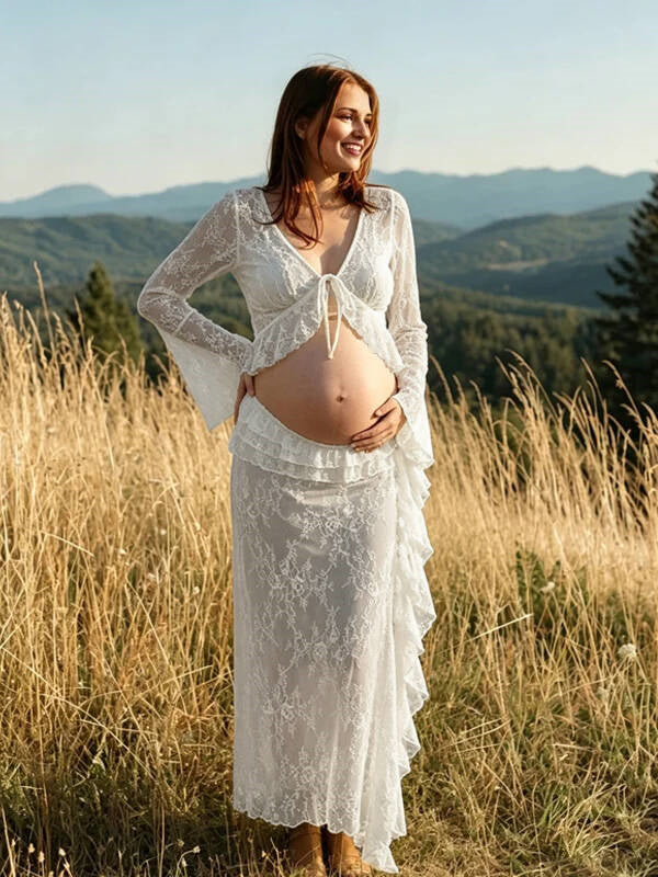 Vestido Premamá Blanco de Encaje con Manga Acampanada