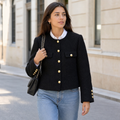 Chaqueta Tweed Negra para Mujer | Chaqueta Corta con Bolsillos y Botones Dorados