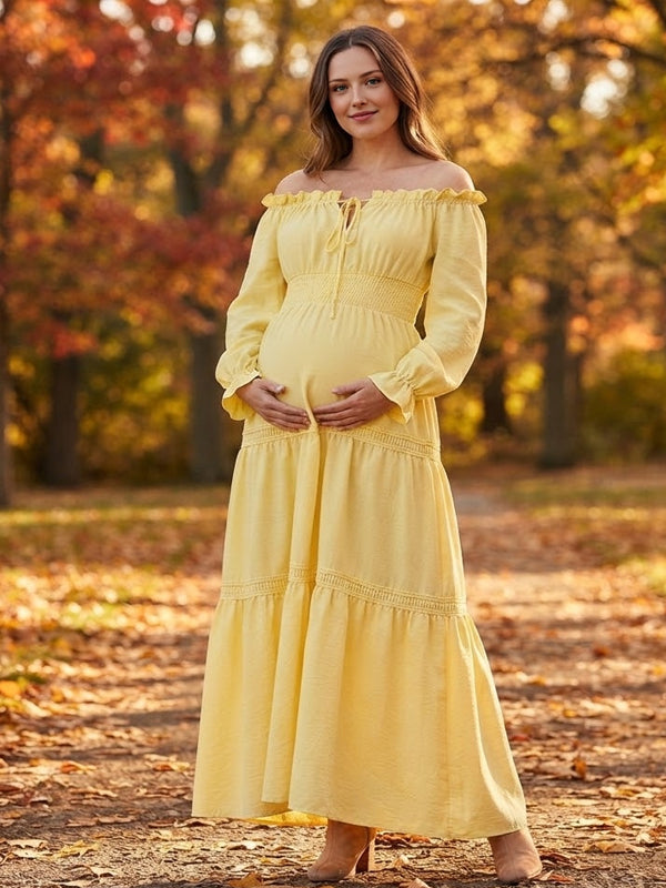 Vestido Premamá Maxi Amarillo con Hombros Descubiertos y Nido de Abeja