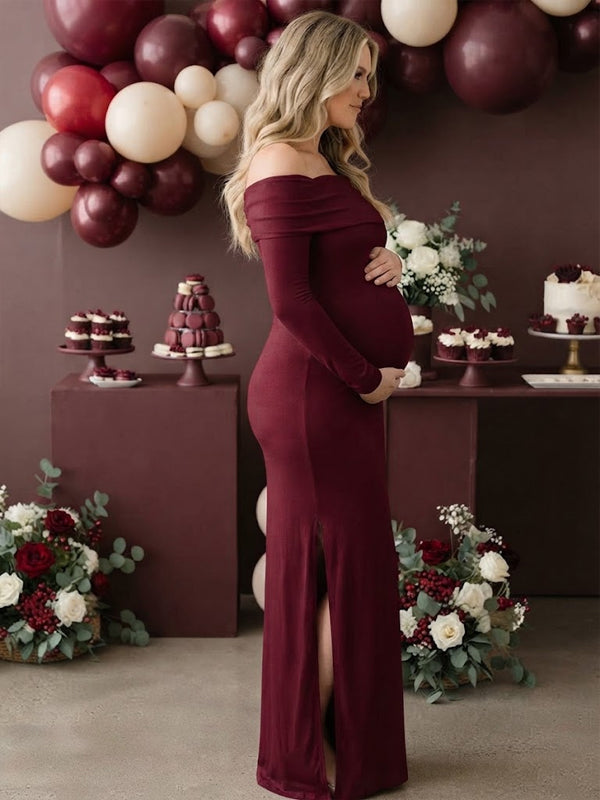 Vestido Premamá Maxi con Hombros Descubiertos, Abertura y Espalda Descubierta