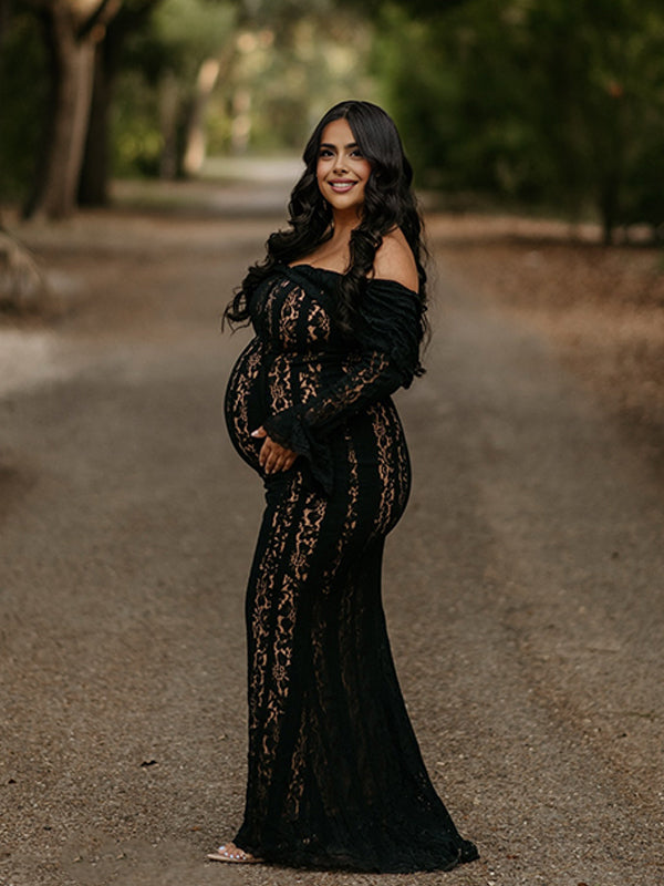 Vestido Premamá Maxi Negro de Encaje con Hombros Descubiertos y Volantes