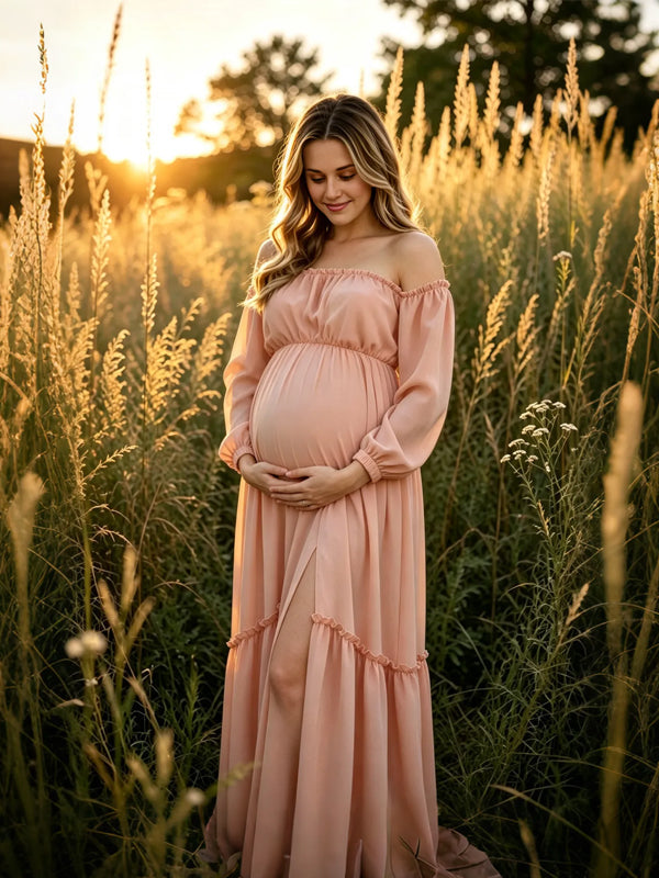 Vestido Premamá Rosa con Hombros Descubiertos y Abertura Lateral