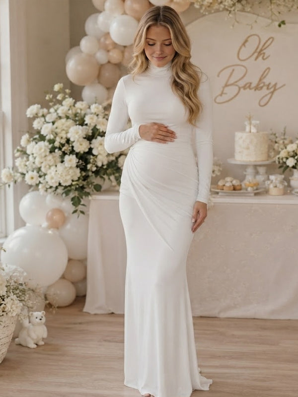 Vestido Premamá Maxi de Cuello Alto Fruncido para Baby Shower