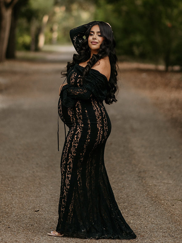 Vestido Premamá Maxi Negro de Encaje con Hombros Descubiertos y Volantes