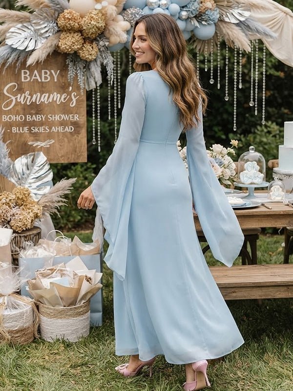 Vestido Premamá Maxi Azul de Tul con Abertura en Mangas y Falda Amplia