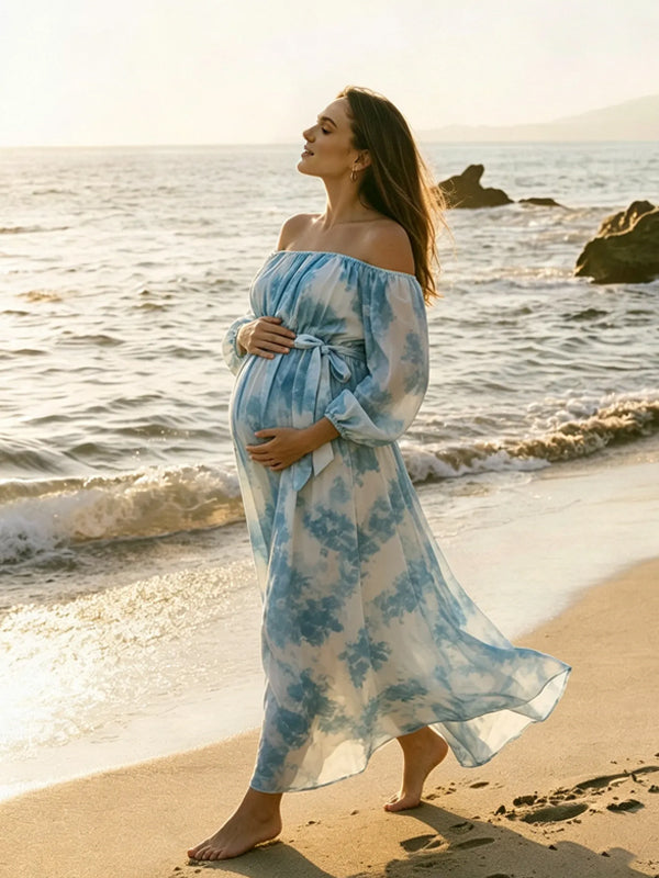 Vestido Premamá Estampado Elegante con Hombros Descubiertos y Lazada