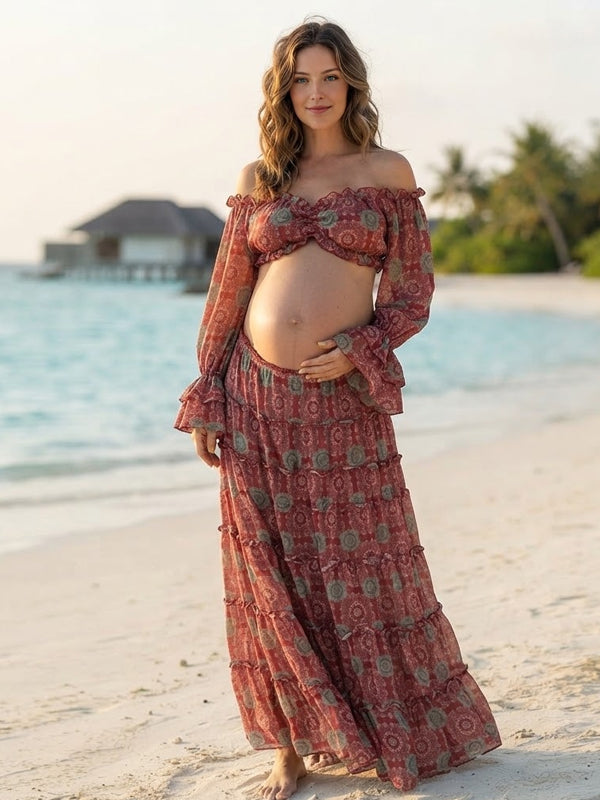Conjunto Premamá Maxi Rojo Estampado con Hombros Descubiertos y Volantes