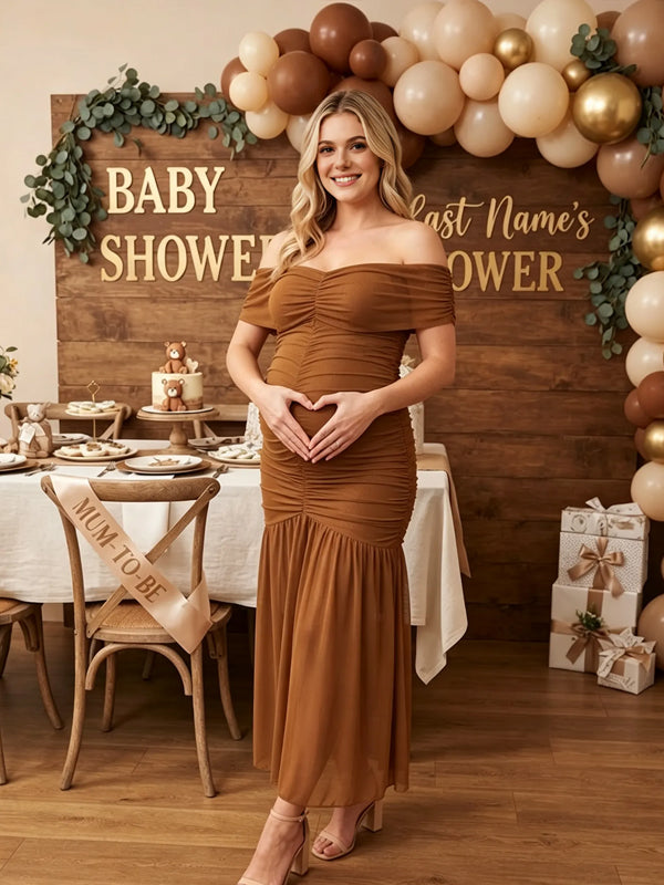 Vestido Premamá Marrón de Tul con Hombros Descubiertos y Volantes