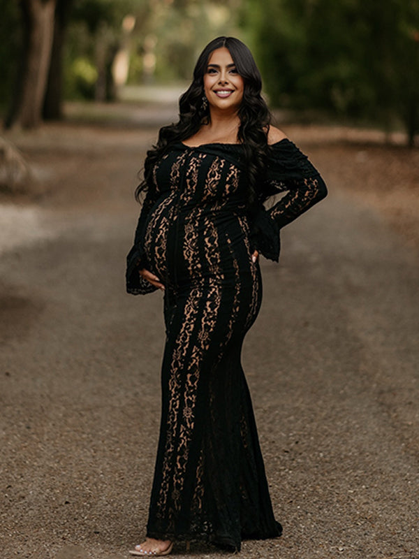 Vestido Premamá Maxi Negro de Encaje con Hombros Descubiertos y Volantes