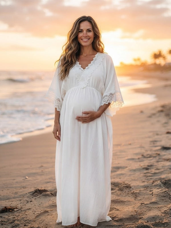 Vestido Premamá Maxi Blanco de Encaje con Escote V Profundo para Sesión de Fotos