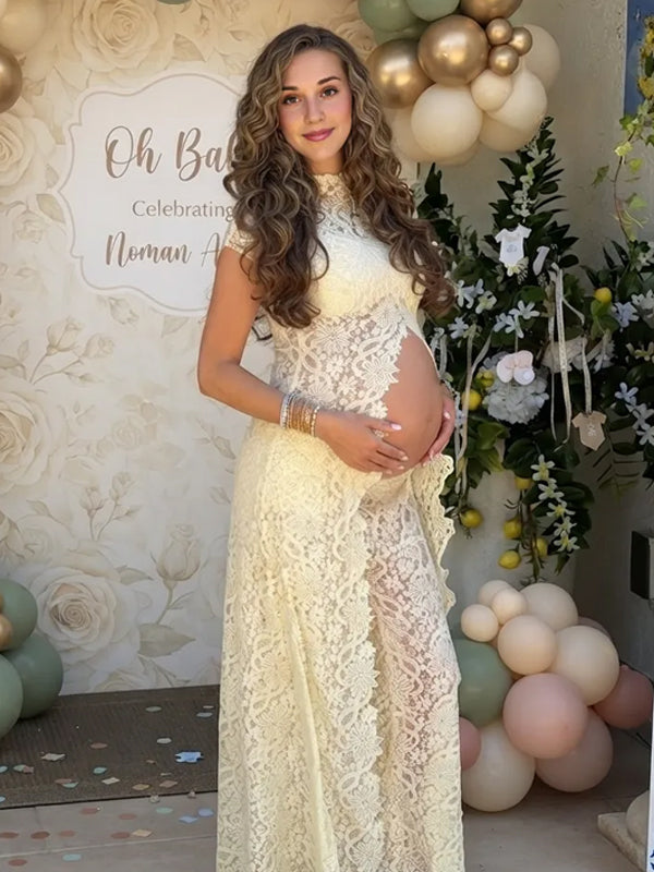 Conjunto Premamá Amarillo 2 en 1 de Encaje con Aberturas