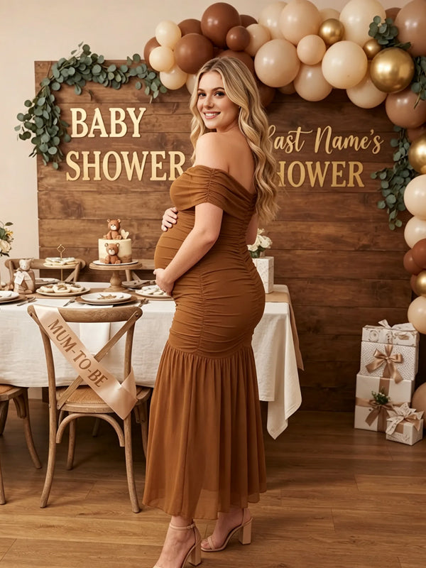 Vestido Premamá Marrón de Tul con Hombros Descubiertos y Volantes