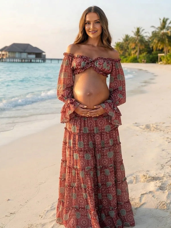 Conjunto Premamá Maxi Rojo Estampado con Hombros Descubiertos y Volantes