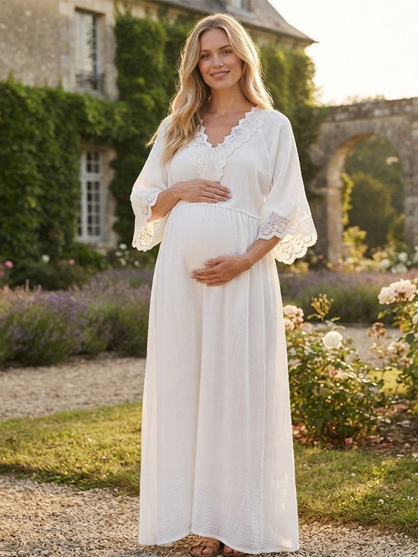 Vestido Premamá Maxi Blanco de Encaje con Escote V Profundo para Sesión de Fotos