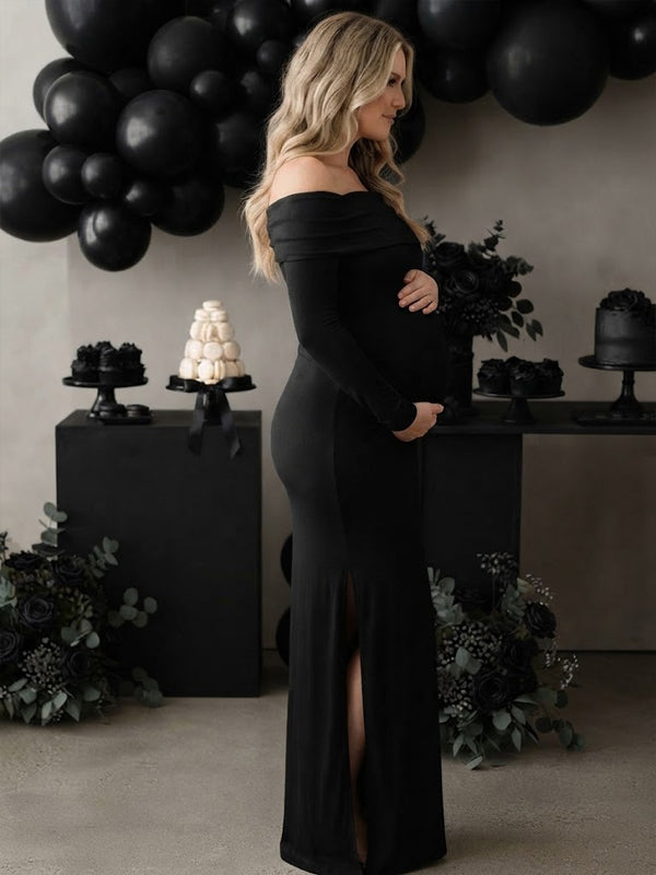 Vestido Premamá Maxi con Hombros Descubiertos, Abertura y Espalda Descubierta