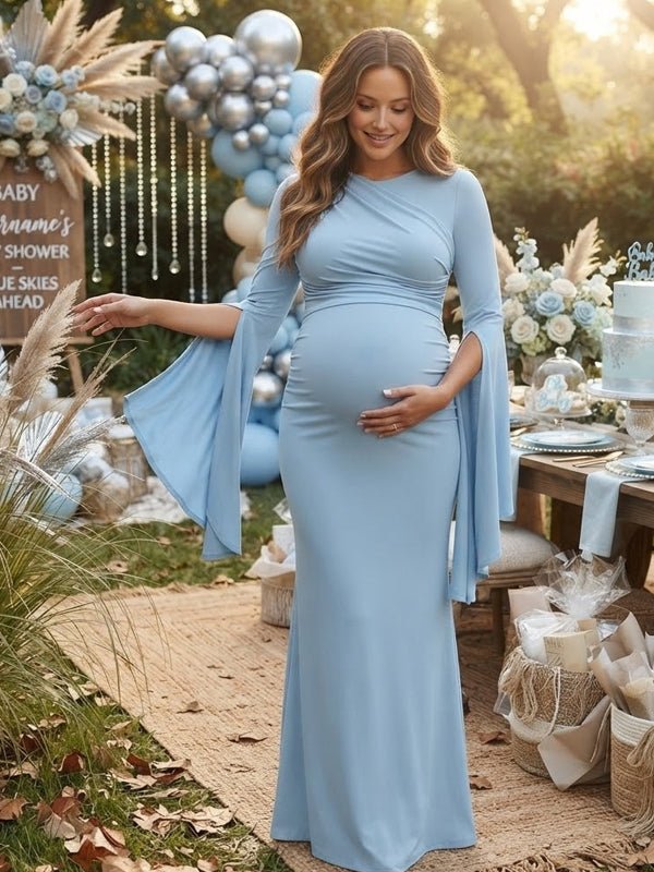 Vestido Premamá Maxi Azul de Tul con Abertura en Mangas y Falda Amplia