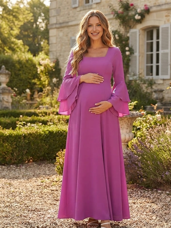 Vestido Premamá Maxi Elegante con Volantes y Manga Acampanada