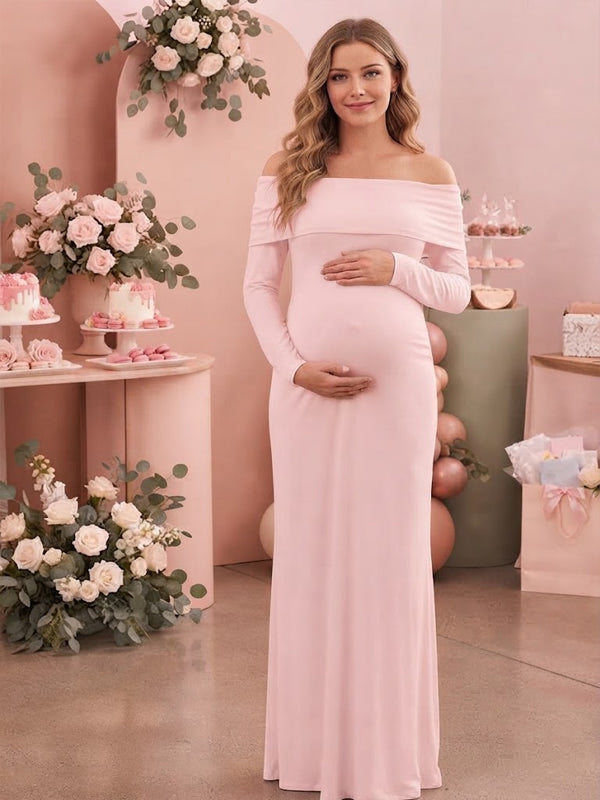 Vestido Premamá Maxi con Hombros Descubiertos, Abertura y Espalda Descubierta