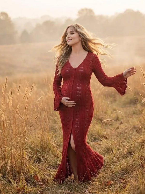Vestido Premamá Maxi Rojo de Crochet con Volantes, Botones y Manga Acampanada