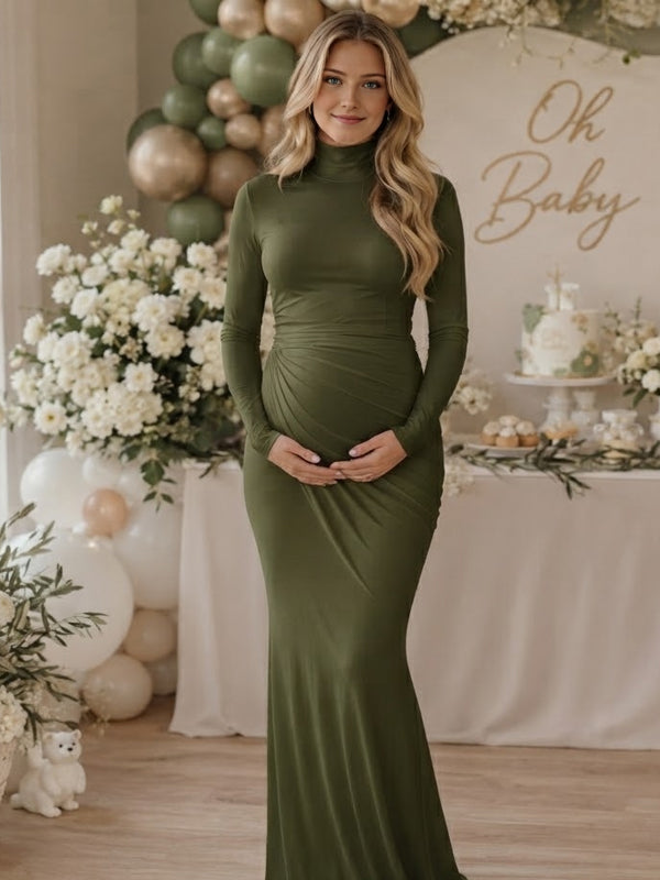 Vestido Premamá Maxi de Cuello Alto Fruncido para Baby Shower