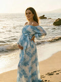 Vestido Premamá Estampado Elegante con Hombros Descubiertos y Lazada