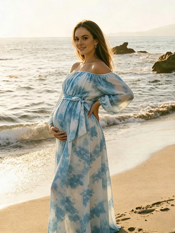 Vestido Premamá Estampado Elegante con Hombros Descubiertos y Lazada