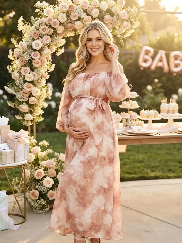 Vestido Premamá Estampado Elegante con Hombros Descubiertos y Lazada