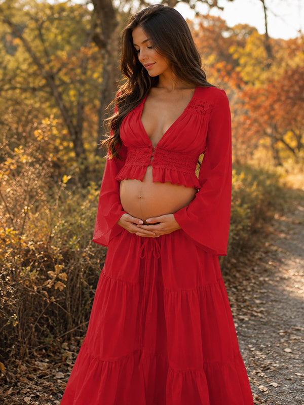 Conjunto Premamá Maxi 2 en 1 Fruncido con Escote V y Encaje