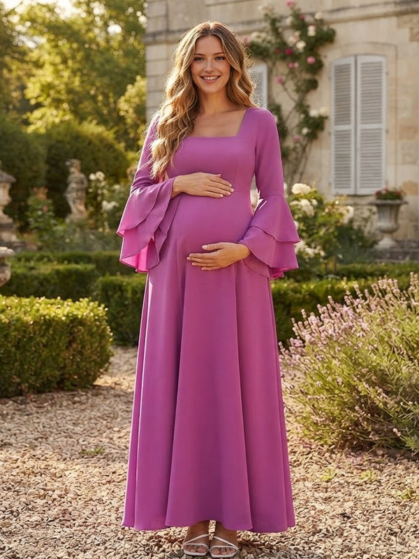 Vestido Premamá Maxi Elegante con Volantes y Manga Acampanada