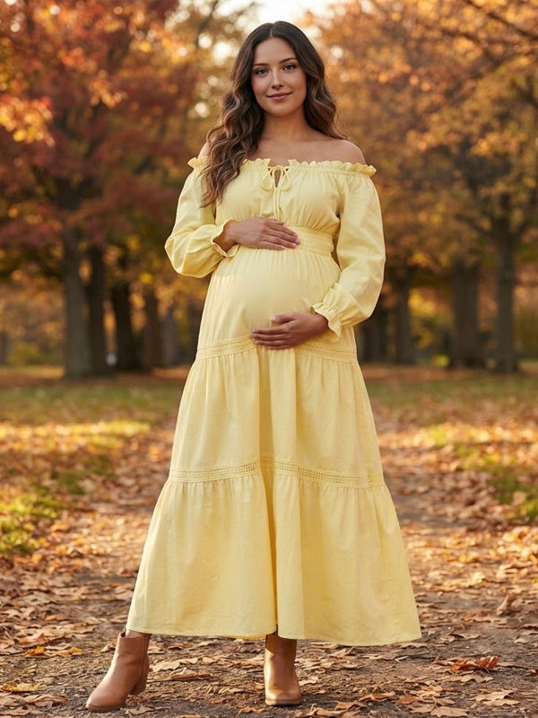 Vestido Premamá Maxi Amarillo con Hombros Descubiertos y Nido de Abeja