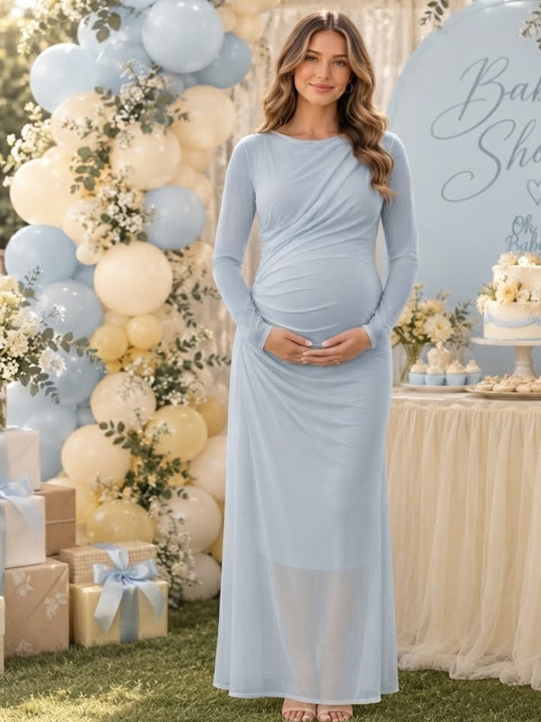 Vestido Premamá Maxi para Baby Shower de Tul Fruncido y Ajustado