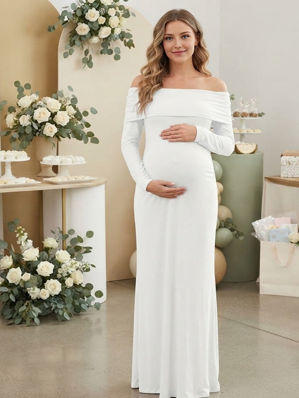 Vestido Premamá Maxi con Hombros Descubiertos, Abertura y Espalda Descubierta