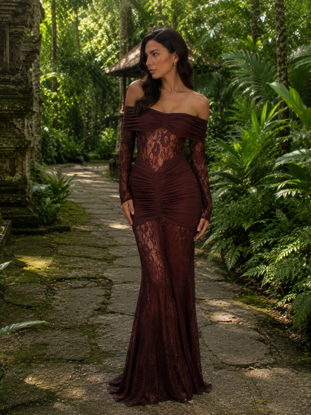 Bruma Vestido Maxi de Encaje con Ruches