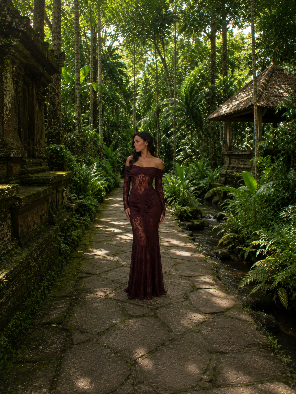 Bruma Vestido Maxi de Encaje con Ruches