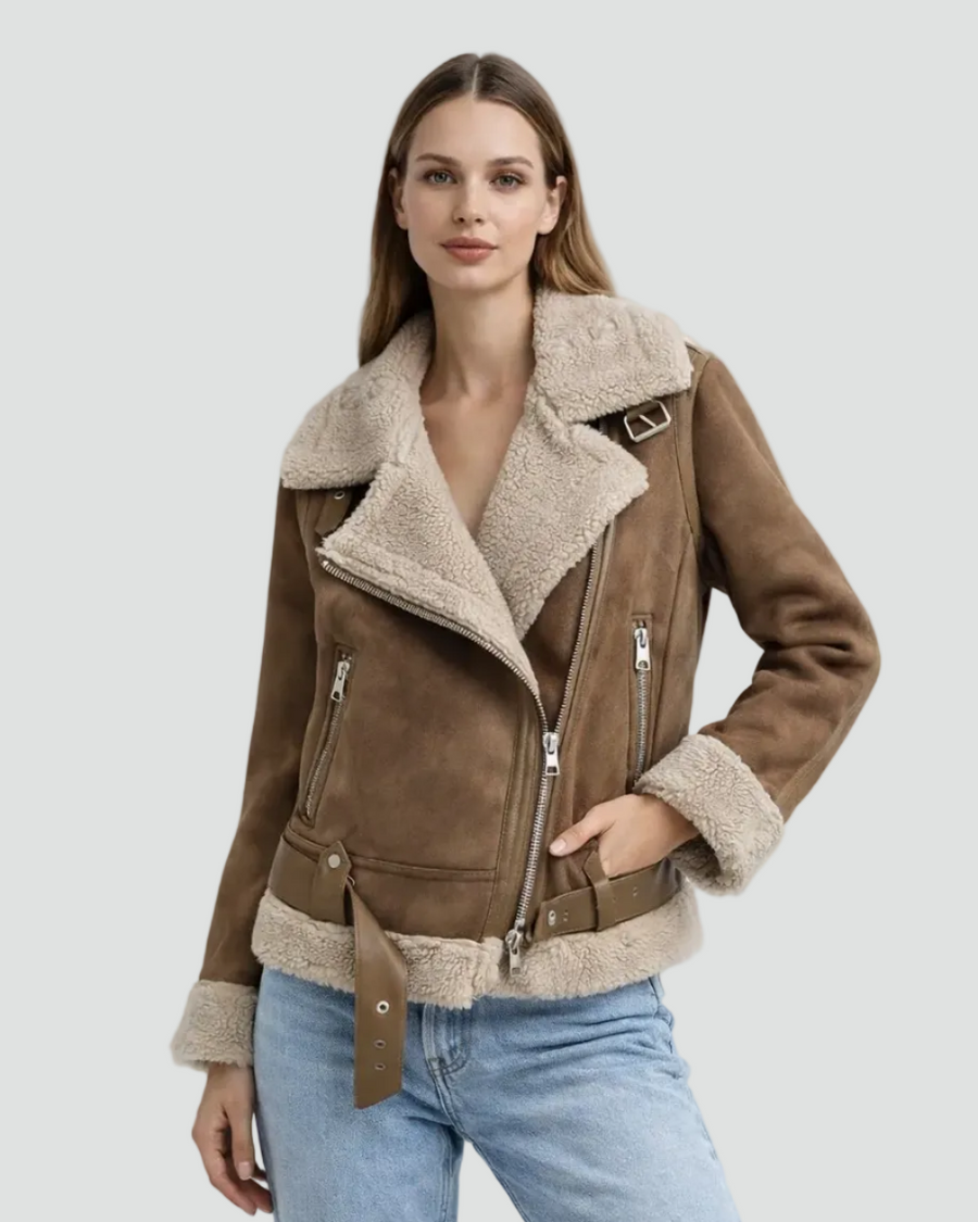 Chaqueta Biker de Mujer con Forro Teddy y Cremallera Diagonal