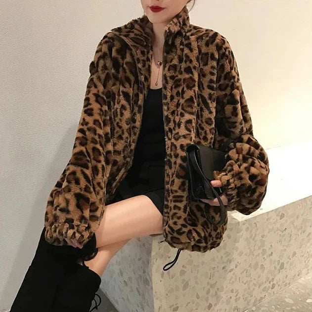 Abrigo de Pelo Sintético Estampado Leopardo para Mujer | Chaquetón Ancho de Invierno