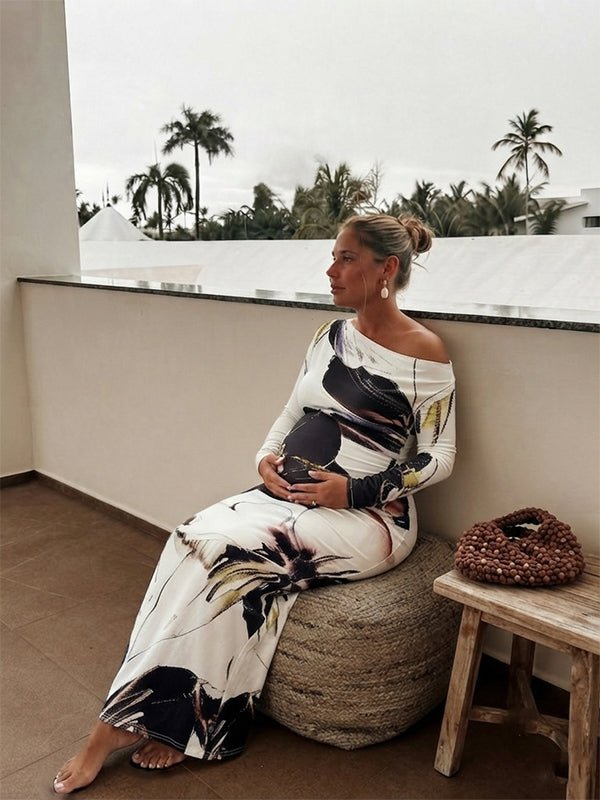 Vestido Premamá Maxi Blanco Floral Ajustado de Hombro Asimétrico