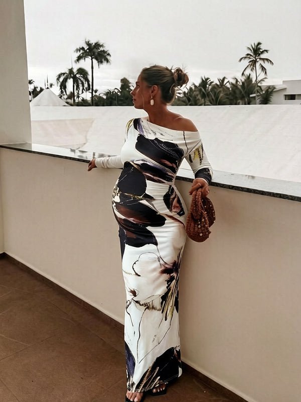 Vestido Premamá Maxi Blanco Floral Ajustado de Hombro Asimétrico