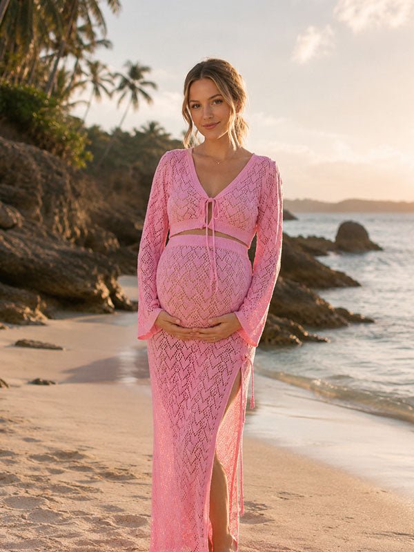 Vestido Premamá Maxi Rosa 2 en 1 con Lazada y Abertura Lateral para Vacaciones