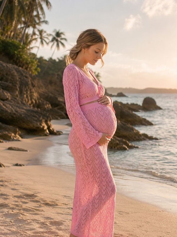 Vestido Premamá Maxi Rosa 2 en 1 con Lazada y Abertura Lateral para Vacaciones
