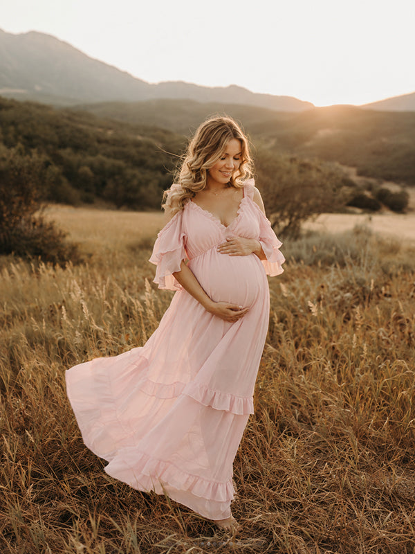 Vestido Premamá Maxi Rosa Fluido con Volantes para Sesión de Fotos
